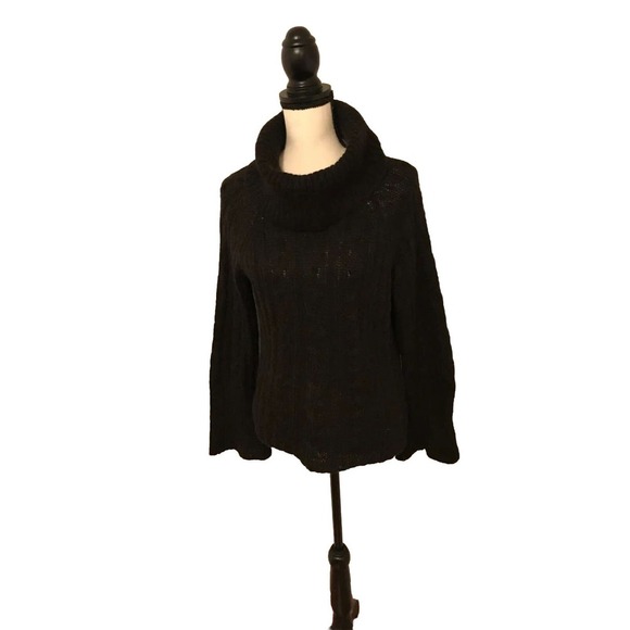 Garnet Hill Black Turtleneck Cable Knit Kid Mohair Wool Sweater - Size Medium - Picture 1 of 8